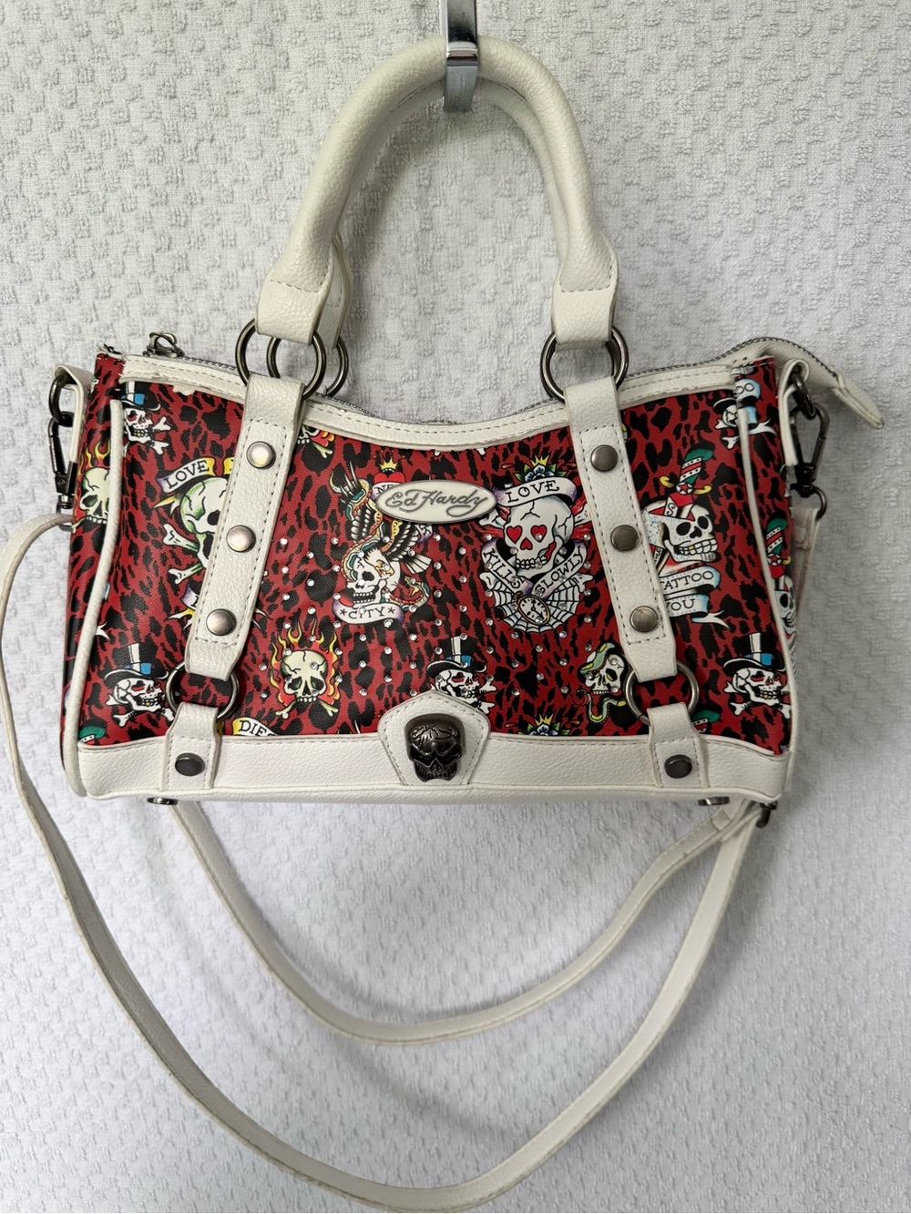 Ed Hardy EUC red leopard skull satchel crossbody
